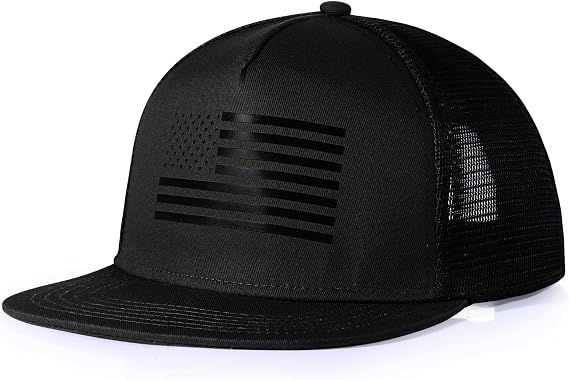 Mens Oversize XXL American Flag Flat Brim Trucker Hat | Adjustable, Mesh Snapback, Baseball Cap, For Big Heads