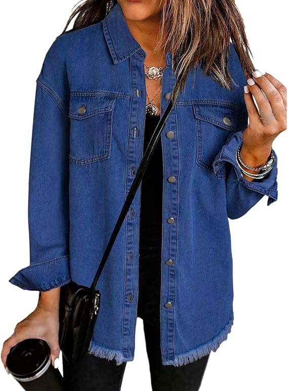 Denim Jacket for Women Boyfriend Jean Jacket Oversized Button Up Frayed Hem Shacket Casual Long Sleeve Denim Shirts
