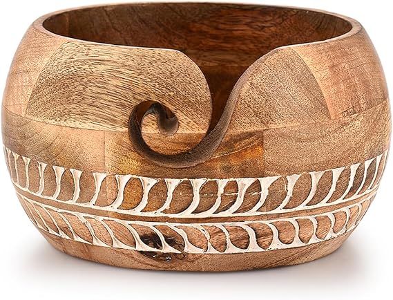 Mahasu Yarn Storage Mango Wood Yarn Bowl for Crocheting Accessories and Supplies Organizer Wool Storage Bowl Round (7" x 7" x 4")