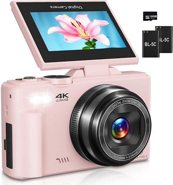 Digital Camera for Photography, 4K Vlogging Camera for YouTube 3" 180 Flip Screen 18X Digital Zoom Compact Cameras with 32GB TF Card & 2 Batteries, Pink