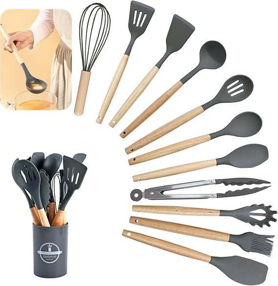 Kitchen Utensil Set, 12 PCS Silicone Cooking Utensils Set with Wooden Handle, Heat Resistant, Nonstick Cookware Tongs Spatula Spoon Set, Silicone Kitchen Utensils Set Suitable for Kitchen(Dark Grey)