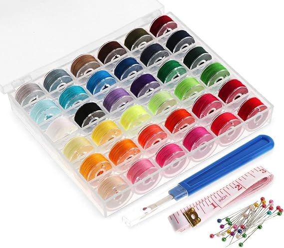 36Pcs Sewing Machine Bobbin Threads with Case and Measuring Tape for Singer Brother Babylock Janome Elna, Assorted Colors