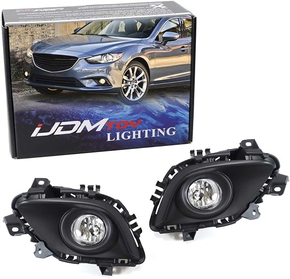 iJDMTOY Complete Set Fog Lights Foglamp Kit with Halogen Bulbs, Wiring On/Off Switch and Garnish Bezel Covers Compatible With 2014-2016 Mazda 6 (Excluding Mazda6 Grand Touring Trim)