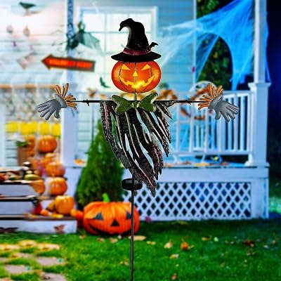 Juegoal 46 Inch Solar Halloween Decorations Yard Stake, Solar Powered Outdoor Lighted Metal Pumpkin Scarecrow Stake, Light Up Pumpkin Lantern Yard Sign for Autumn Haunted House Figurine Party Decor