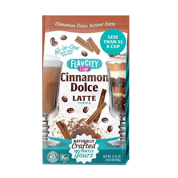 FlavCity Cafe Cinnamon Dolce Latte - Flavored Instant Coffee Powder Mix with Grass-Fed Whole Milk & Real Cinnamon - Instant Latte Made from Real Ingredients - All In One, Just Add Water (20 Servings)