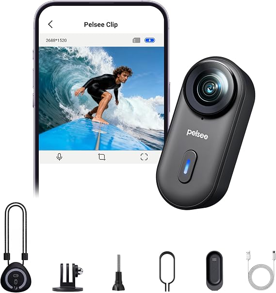 Pelsee Clip1 Mini Action Camera, Hands-Free POV Cam with Stabilization, 1/1.27" Large Sensor, Native 2.7K Video, IP68 Waterproof, Magnetic Mount, 120-Min Battery, Built-in 64GB eMMC Black