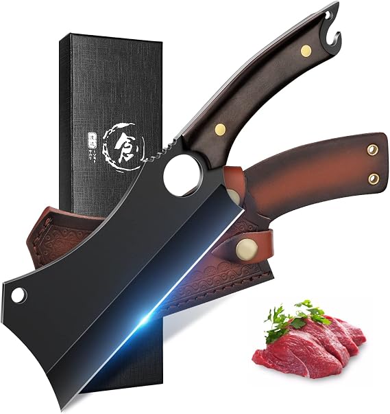 ROCOCO Butcher Meat Cleaver Knife - Hand Forged Meat Cutting Knife with Sheath Outdoor BBQ Camping Birthday Christmas Gift Idea Men Black 5.9"