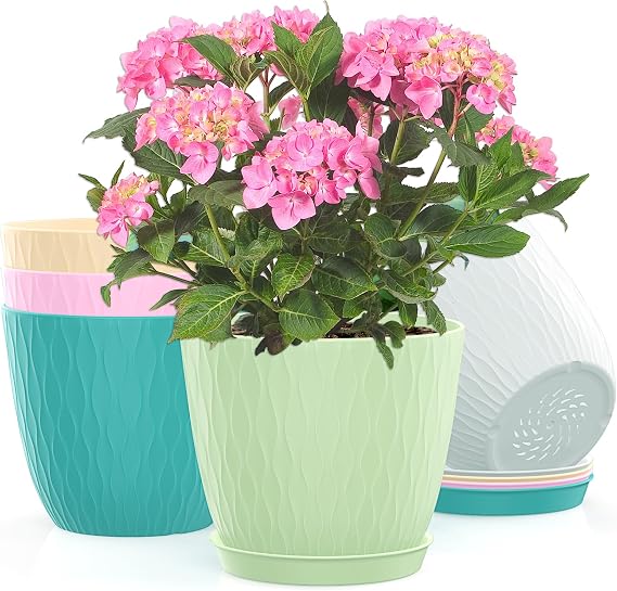 6 inch Flower Pots for Plants with Drainage Holes and Saucer, 5 Pack Plastic Plant Pots Indoor Planters for Outdoor Plants Small Garden House Home Decor, Nursery Pots for Succulent Colorful