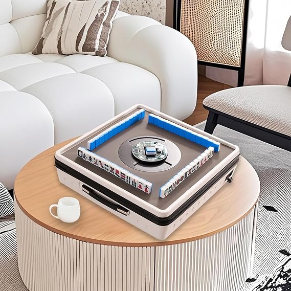 Automatic Mahjong Machine, Foldable Mahjong Table Table w/ 144 Magnetic Tiles, Suitable for Chinese & Filipino Style American, Auto Shuffling Mah Jong Table for Indoor & Outdoor (White)