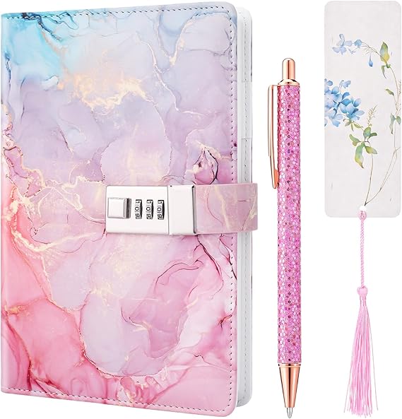 Pink Secret Diary with Lock for Kids | UV Leather Journal with Lock Kid Password Journal Notebook Kit with Pen Bookmark for Back to School Birthday Festival Present
