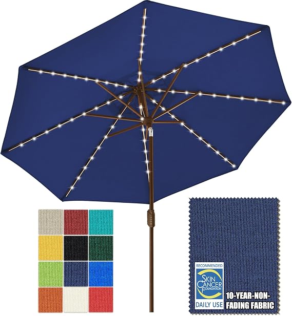 EliteShade USA 10-Year-Non-Fading 9ft Market Patio Umbrella, Commercial Grade Table Sun Umbrella with 80 Solar LED Lights, Crank Open, Windproof & UPF 50+ UV Protection for Garden, Deck, Pool, Backyard, Navy Blue