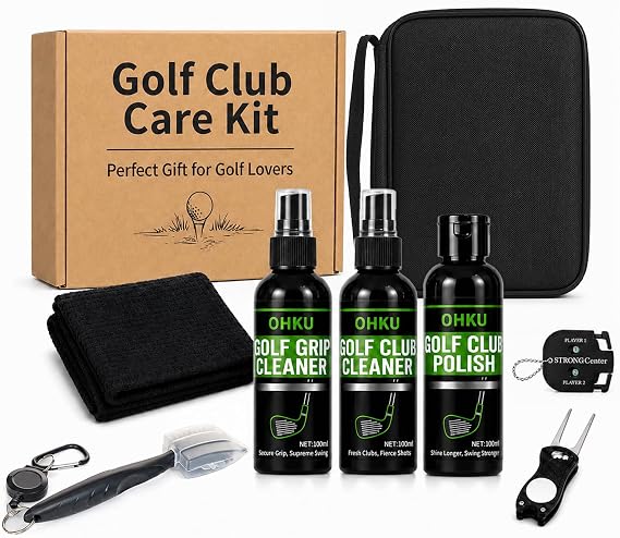 Golf Club Care Kit - Clean and Polish Irons, Drivers, Putters - Reduce Scratches, Scuffs, and Rust - Portable Golf Cleaning Kit with Grip Cleaner, Irons Remover, Club Scrub, and Brush for Golf Bag