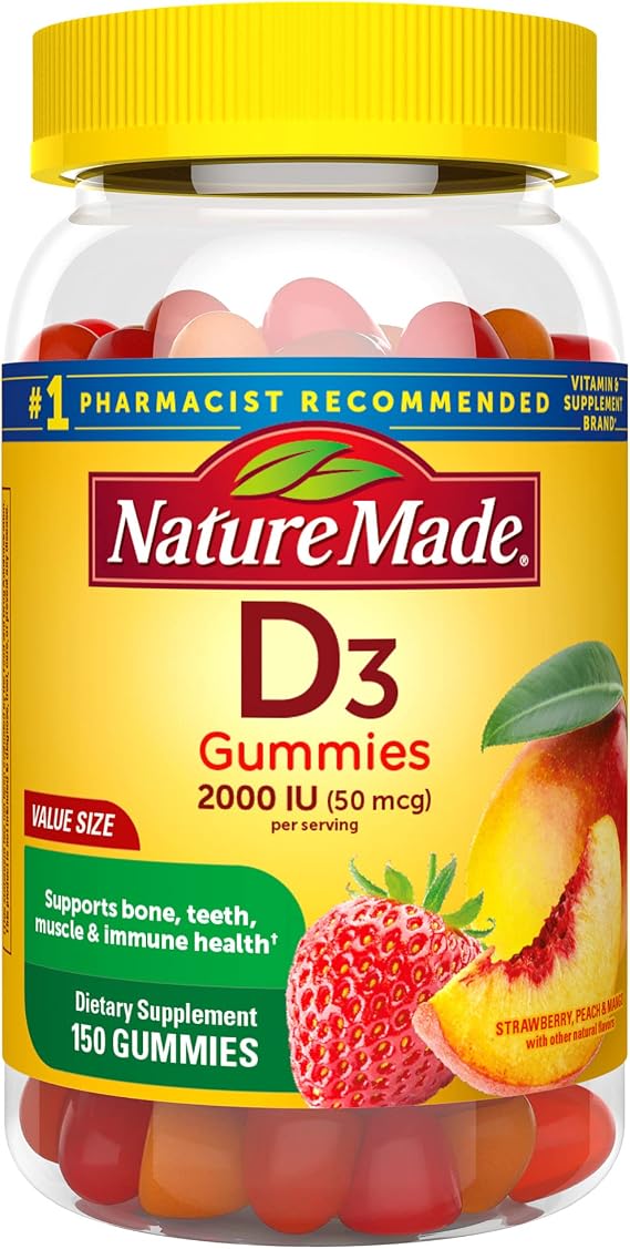 Nature Made Vitamin D3, 150 Gummies, Vitamin D 2000 IU (50 mcg), Vitamin D Gummies For Adults Helps Support Immune Health, Strong Bones and Teeth, Muscle Function, 250% of Daily Value for Vitamin D