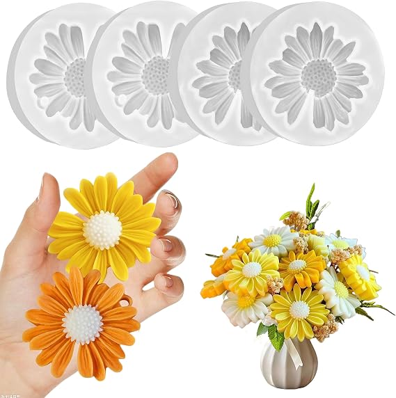 4 Pcs Daisy Flower Candle Molds, Silicone Molds for Candles Making, 3D Flowers Shape Decorating Mold for Fondant Soap Chocolate Cake, DIY Wax Epoxy Resin Moulds for Clay Craft
