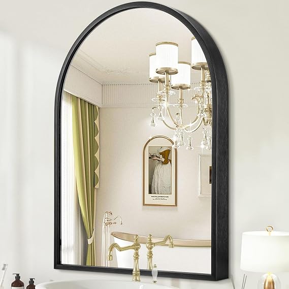Black Arch Bathroom Wall Mirror Metal Framed Mirror, Arched Wall Mounted Vanity Mirrors for Bedroom Entryway Living Room 40 x 30cm