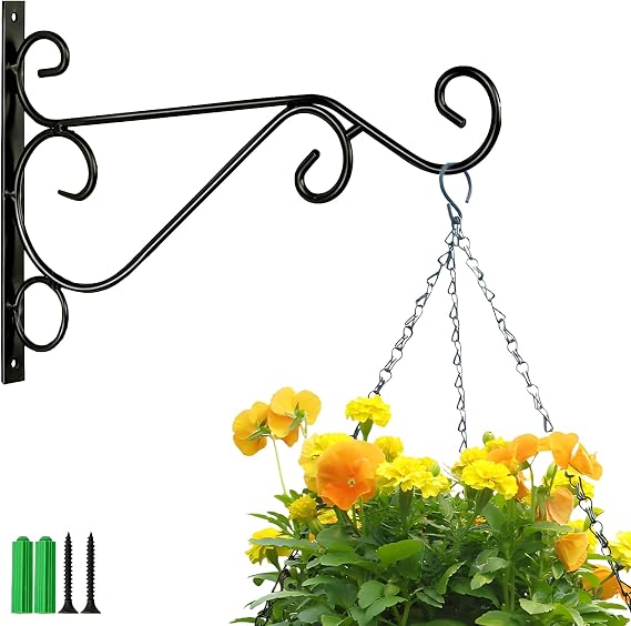 Outdoor Plant Hanger for Flower Containers Outdoors, Metal Flower Basket Hangers for Outside, Wall Mounted Hooks for Bird Feeder Birdfeeder Lantern Wind Chimes Garden Decor (10.2"11.6")