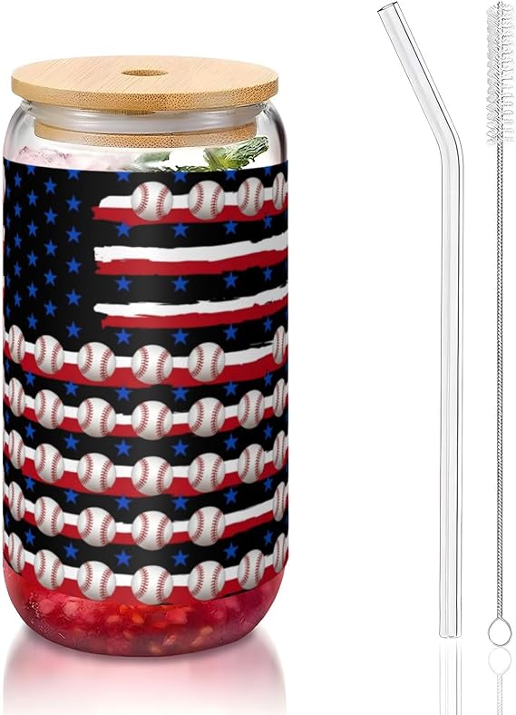 Travel 16oz Glass Juice Bottles with Lids Straws, Baseball Sports Funny American Flag, Mason Jar for Kombucha, Smoothie, Tea, Teacher Nurse Appreciation Reusable Cup