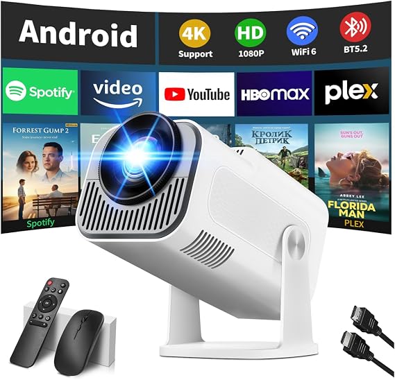 Mini Projector 4K 1080P Full HD Video Portable Projector Support with WiFi 6 & Bluetooth 5.2, Auto Keystone Adjustment Built-in Apps Smart with 270° Rotation for USB/TV Stick/HDMI-White