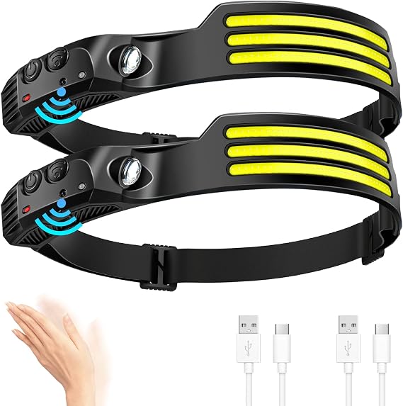 DAWINSIE LED Headlamp Rechargeable (2 PCS), 230 Wide Beam Head Lamp with Motion Sensor, Waterproof Head Light Flashlight for Hiking, Running, Repairing, Fishing Cycling (Black 4)