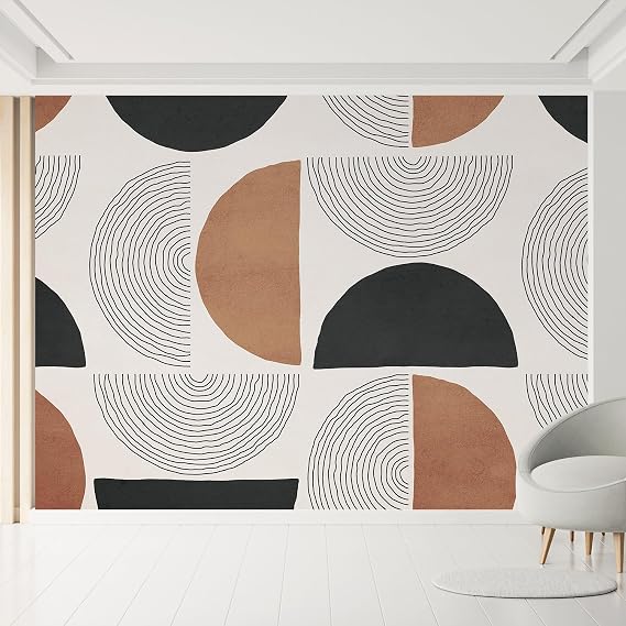 MUDECOR Wall Mural Minimalist Geometric Circles Modern Design in Black, White, and Tan Removable Self-Adhesive Wallpaper Wall Decoration for Bedroom Living Room - 96"x144"
