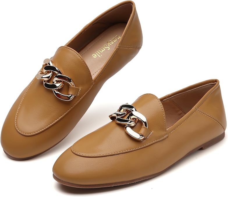 Casual Chain Loafers for Women Work Flats Round Toe Business Backless Ballet Flats Metal Decor Driving Slip on