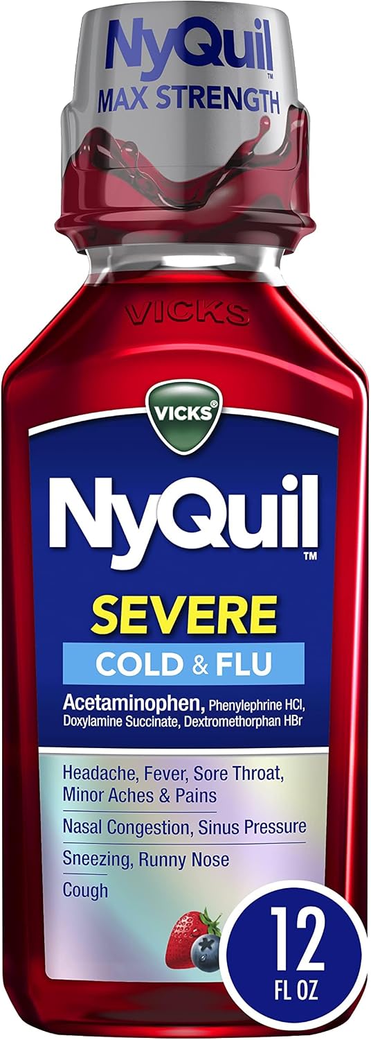 Vicks NyQuil SEVERE Cold and Flu Relief Liquid Berry Flavored Medicine, Maximum Strength, 9-Symptom Nighttime Relief For Fever, Sore Throat, Nasal