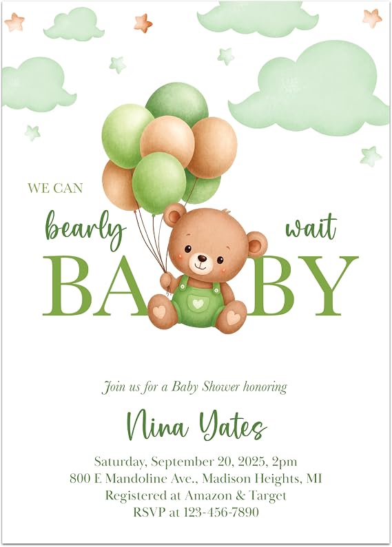 Bunny Badges Personalized Baby Shower Invitations with Envelopes - Teddy Bear (Green)