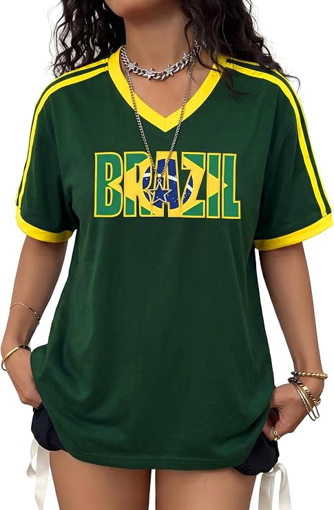 Soccer Jersey Women Brazil Jersey Shirts Y2K V Neck Short Sleeve Top