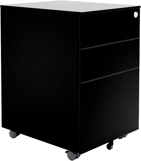 Vari Essential File Cabinet - Home Office Filing Cabinet with Three Drawers for Storage - Metal Storage Cabinet with Roll-and-Lock Caster Wheels & Lockable Top Drawer - Fully Assembled (Black)