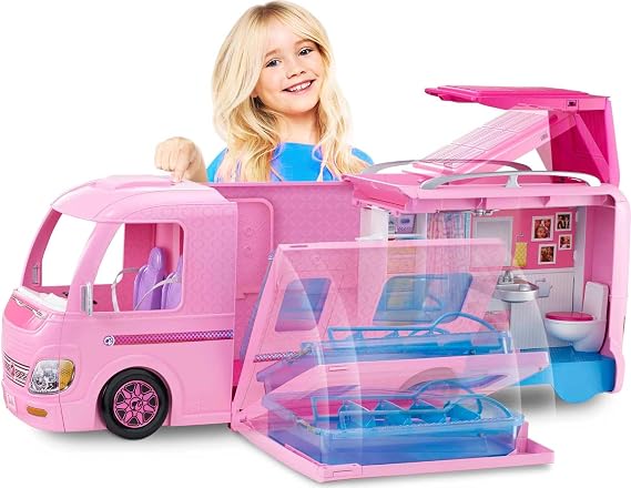 Barbie Camper Playset, DreamCamper Toy Vehicle with 50 Accessories Including Furniture, Pool & Slide, Hammocks & Fireplace
