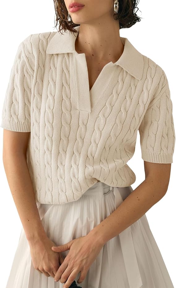 Imily Bela Womens Cable Short Sleeve Sweaters Tops Lapel V Neck Knit Shirt