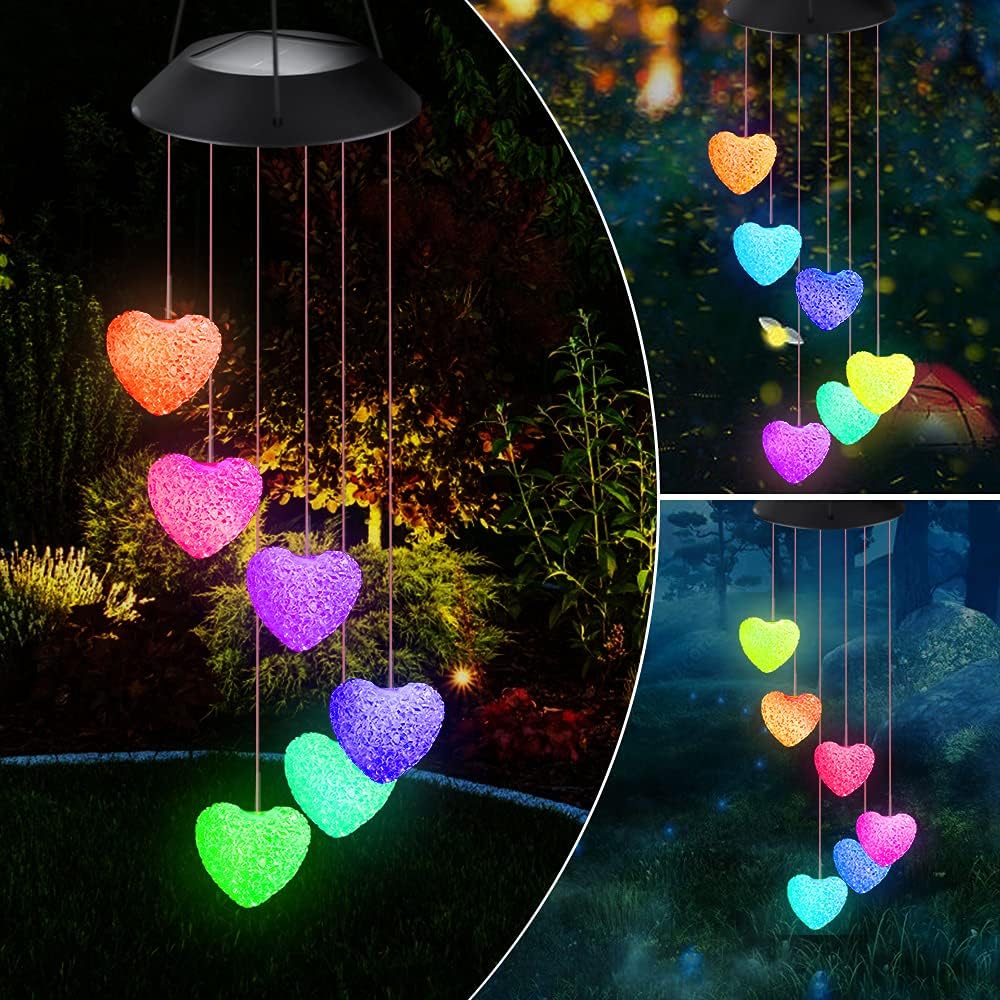 Fohil Solar Wind Chimes Solar Heart Wind Chime Outdoor Color Changing Solar Wind Spinner Decorative Light for Patio Yard Garden Home Decor Best Gifts Mother's Day Valentine's Day