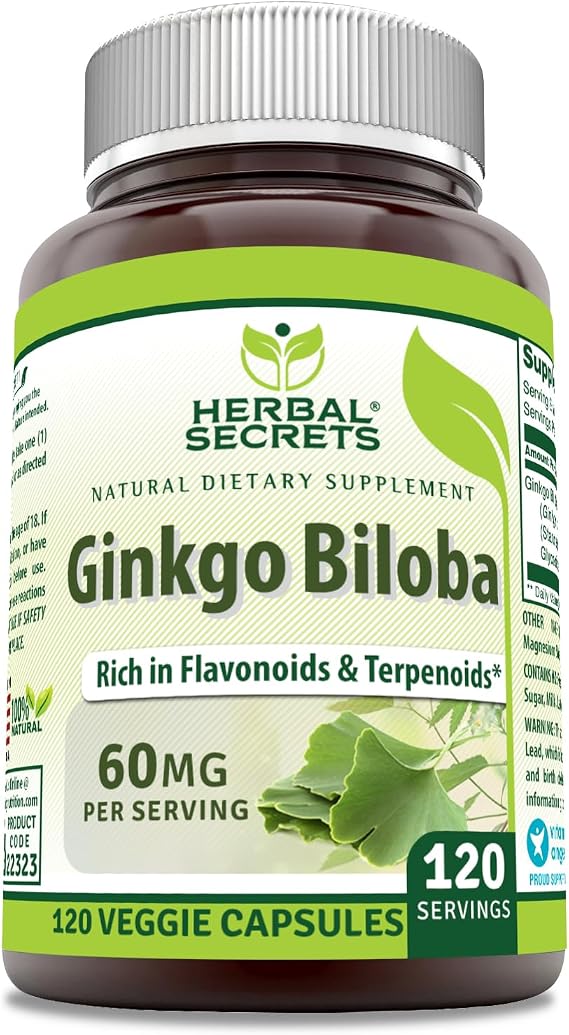 Herbal Secrets Ginkgo Biloba Supplement | (Ginkgo Leaf Extract) | 60 Mg Per Serving | 120 Veggie Capsules | Non-GMO | Gluten-Free | Made in USA