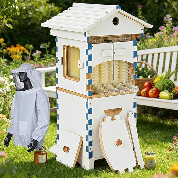 Beehive Starter Kit,Self-Flow Hive Beehive Starter Kit,Frame Complete Bee Box with Observation Window & Honey Spout,Carpenter Bee House,with Bee Suit