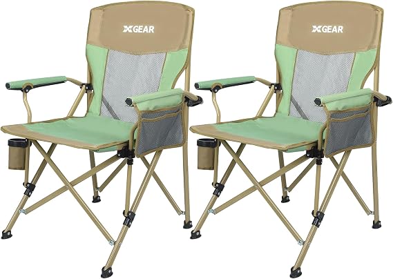 XGEAR 2-Pack 330LBS Heavy Duty Hard Arm Camping Chair with Cup Holder Green
