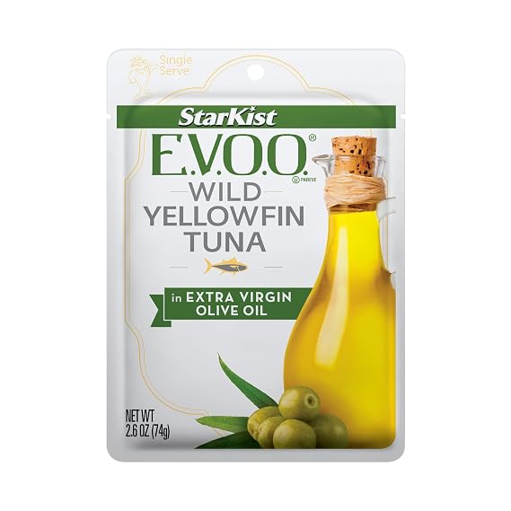 StarKist E.V.O.O. Yellowfin Tuna, Extra Virgin Olive Oil, 2.6oz, 1-Pack | 18g of Protein Per Serving, Features Extra Virgin Olive Oil, Wild Caught Tuna, Gluten Free, Soy Free, Omega 3s