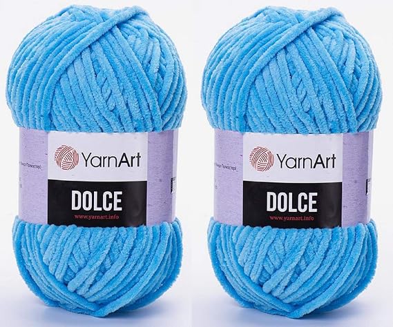 YarnArt Dolce Yarn 100% MicroPolyester Lot of 2 skn 264 Yards 2x100gram Super Bulky :6 Baby Chenille Yarn (758 Light Blue)