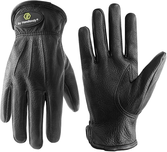 HANDLANDY HLDD Leather Work Gloves for Men & Women, Adjustable Wrist Cowhide Gardening Glove with Reinforced Palm for Driver