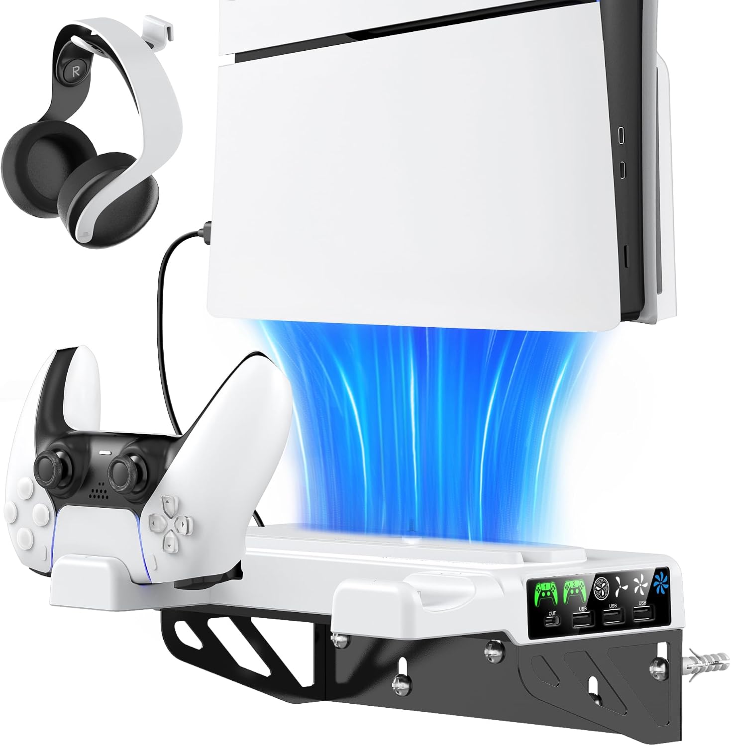 PS5SlimPro Wall Mount Kit with Cooling Fan & Charging Station, PS5 Shelf Floating Mount for All PlayStation 5, Slim, Pro Disc & Digital Console, PS5 Wall Bracket, Behind TV, PS Five Pro Accessories