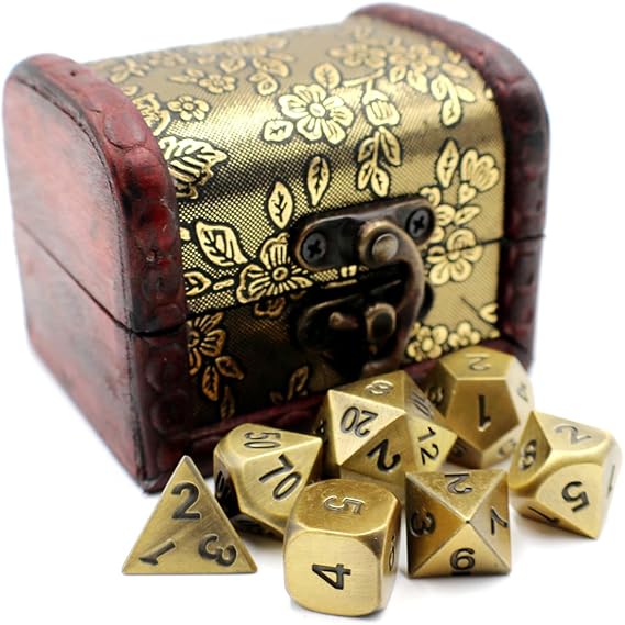 Metal DND Dice Set with Gold Storage Chest/Box for Roleplaying Games