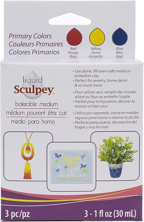 Sculpey Liquid Sculpey Liquid Polymer Oven-Bake Clay, Primary Sampler Pack, Three 1 oz. Bottles Included, Red, Blue and Yellow, Great for Jewelry, Holiday, DIY