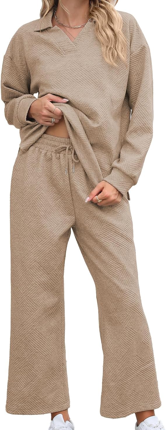 Womens Loungewear 2 Pieces Set Collared Pullover Sweatshirt Long Sleeve Tops Wide Leg Pants Sets Casual Tracksuits