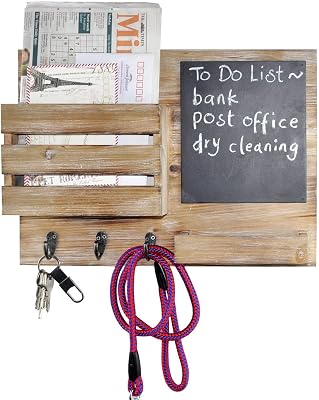 Key Hooks Holder, Entryway Mail Sorter Envelope Organizer Chalkboard, Leash Purse Hanging Rack, Home Decorative Wall Floating Shelf, 16.5 W x 12 H x 4 D, Rustic Wood Grey