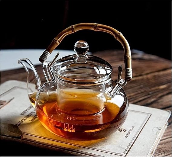 HH-CC Teapot, Bamboo Handle with Filter, Glass Teapot, 20.3 fl oz 600 ml, Heat Resistant Glass, Transparent, Compatible with Flower Tea, Tea Bags