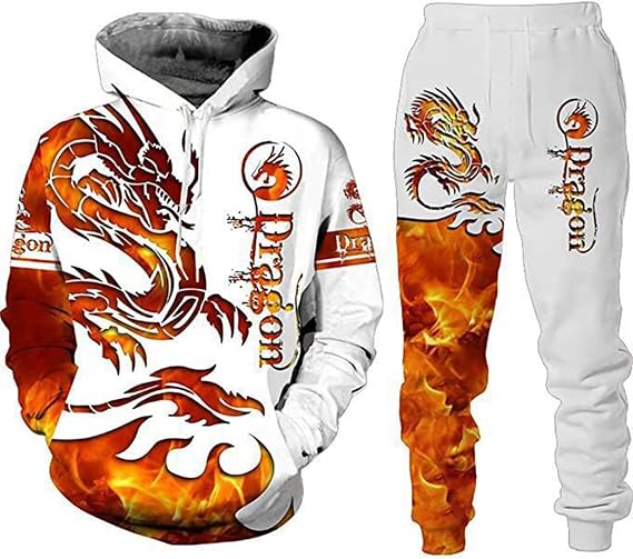Tracksuits for Men Dragon Print Long Sleeve Hooded Sweatshirt and Drawstring Sweatpants Set Stretchy 2 Pieces Sweatsuits Autumn Winter Hoodie Jumper Jogger Track Suits Cosplay Costume