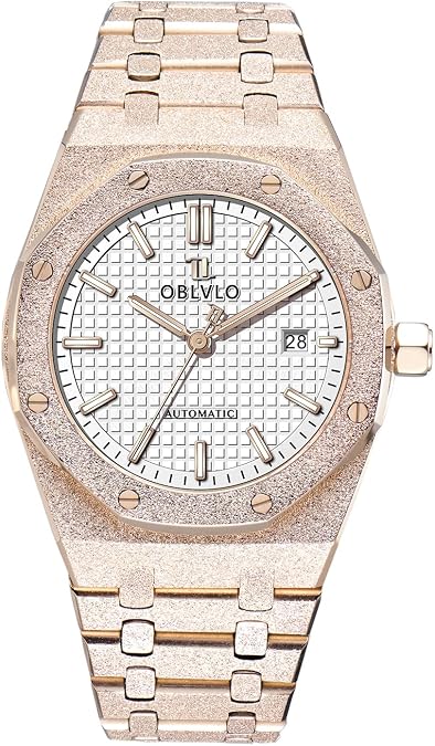OBLVLO Automatic Watch, Black Grid Dial, Date Display, Stainless Steel Band