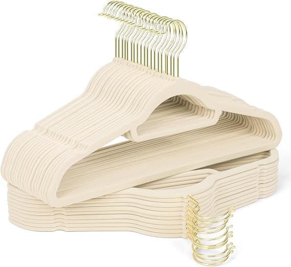 Velvet Hangers 30 Pack with Gold Hooks, Non-Slip Felt Clothes Hangers Beige