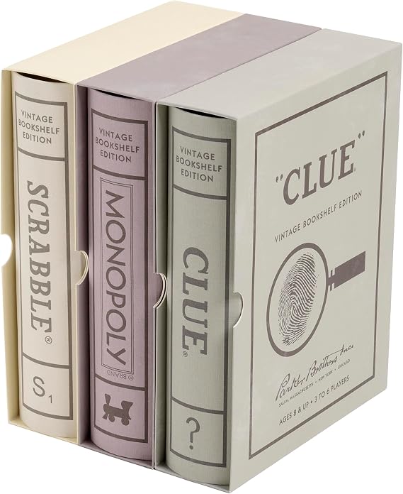 WS Game Company Scrabble, Monopoly and Clue Vintage Bookshelf Board Games