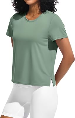 Ice Silk Womens Short Sleeve Workout Shirts Loose Fit Side Slits Athletic Tee Tops