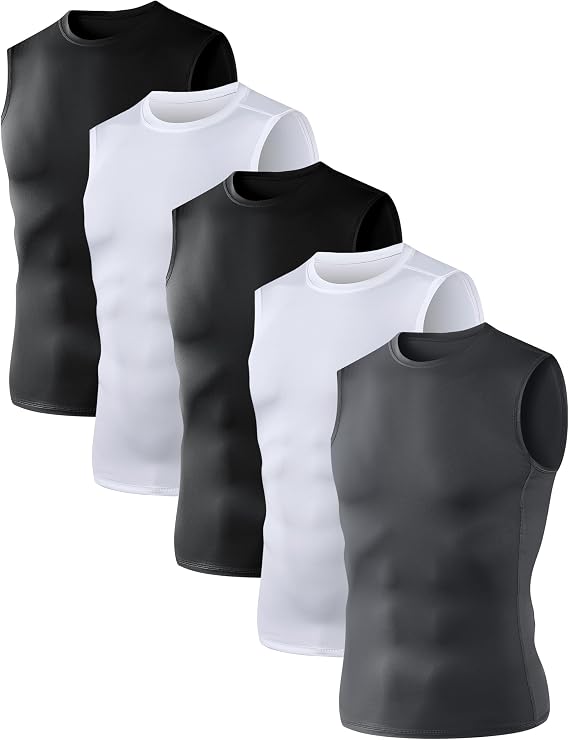 OYGSieg 5/6 Pack Men's Athletic Compression Shirts Sleeveless Tank Top Base Layer Sports Workout Shirts for Basketball